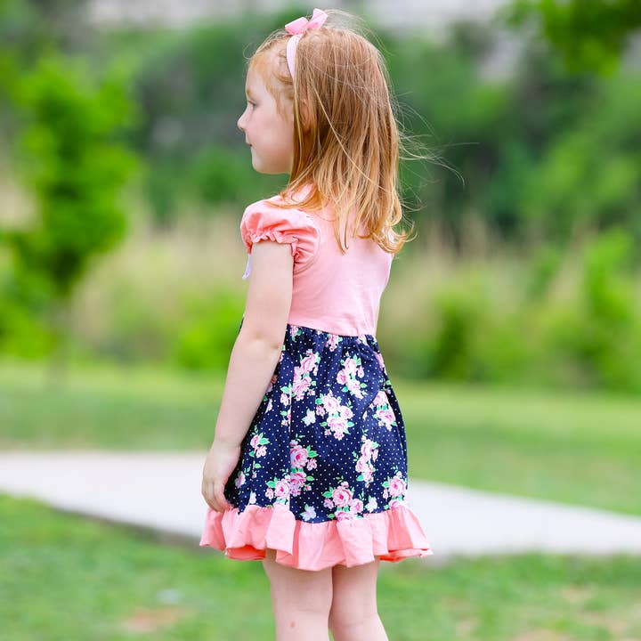 AnnLoren - Wholesale Dress - Kids - Girls Pink & Blue Floral Eyelet Ruffles Short Sleeve Dress