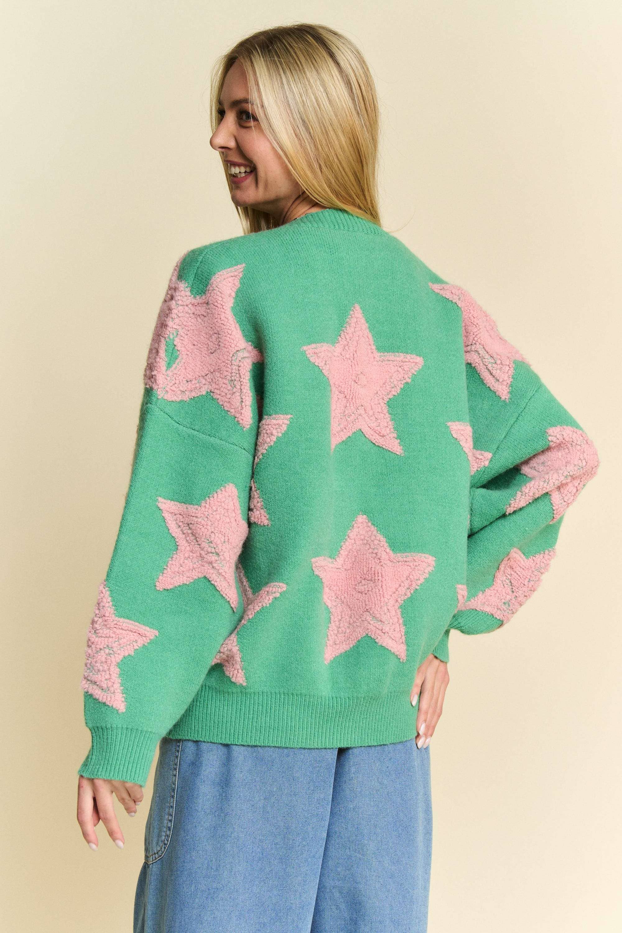 Davi & Dani - Wholesale Cardigan - Women's - PLUS FUZZY STAR LOOSE FIT BUTTON DOWN CARDIGAN4