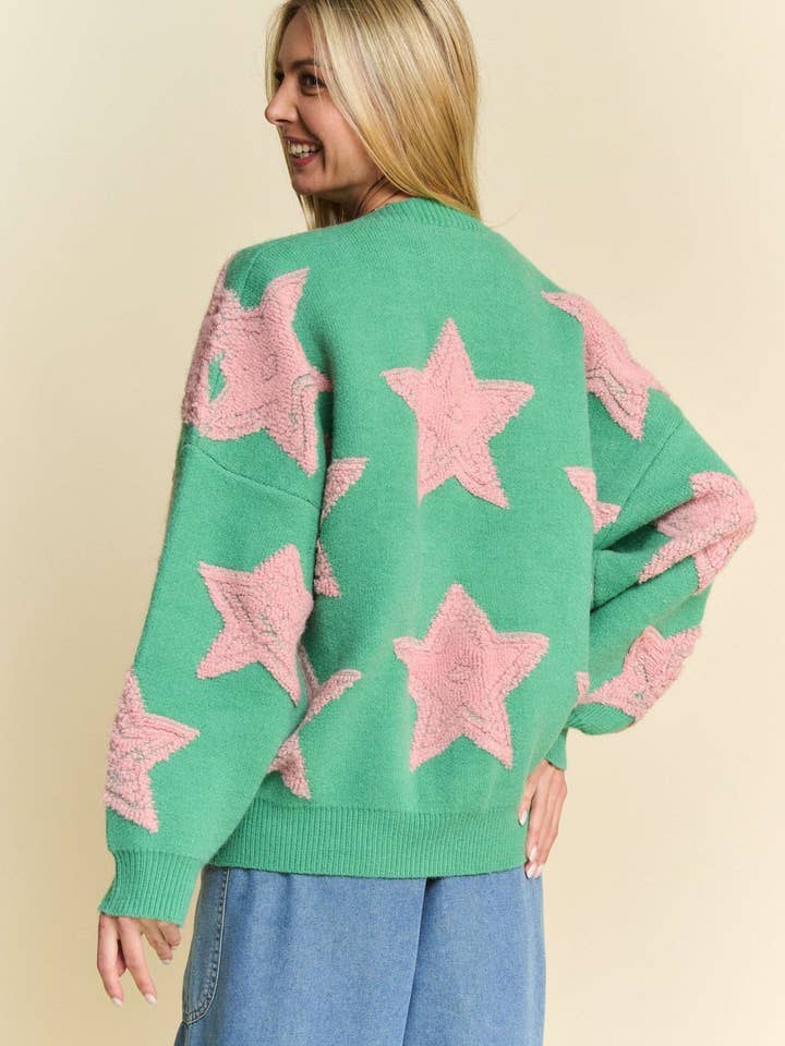 Davi & Dani - Wholesale Cardigan - Women's - PLUS FUZZY STAR LOOSE FIT BUTTON DOWN CARDIGAN4