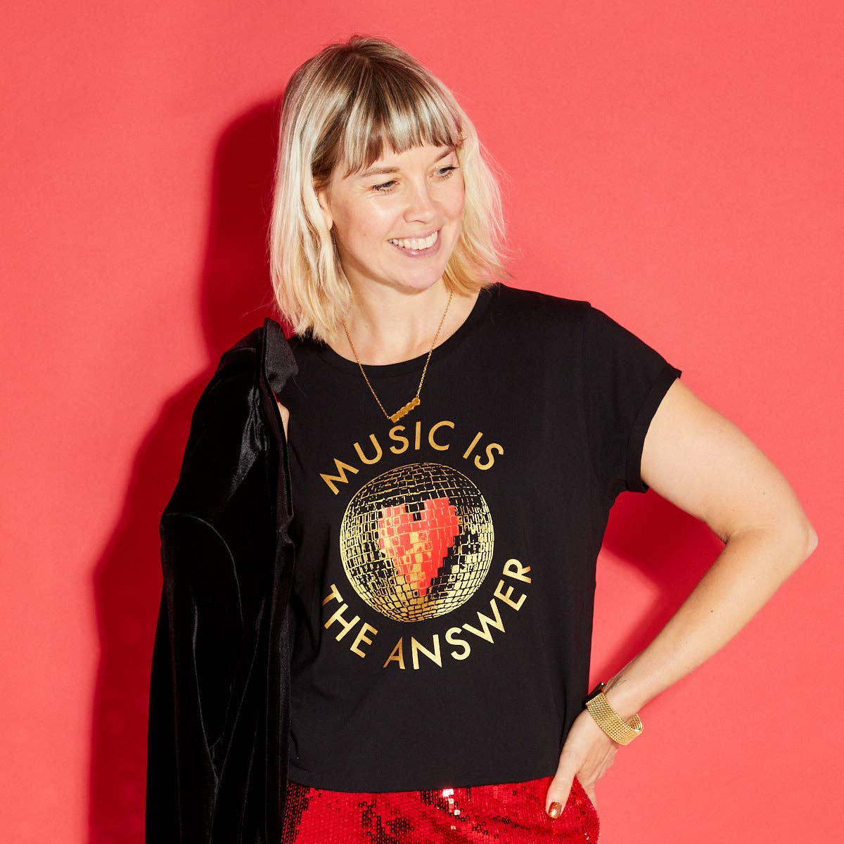 Disko Kids – wholesale Screen printed t-shirt – Women′s – Music Is The Answer Disco Ball Tshirt Black2