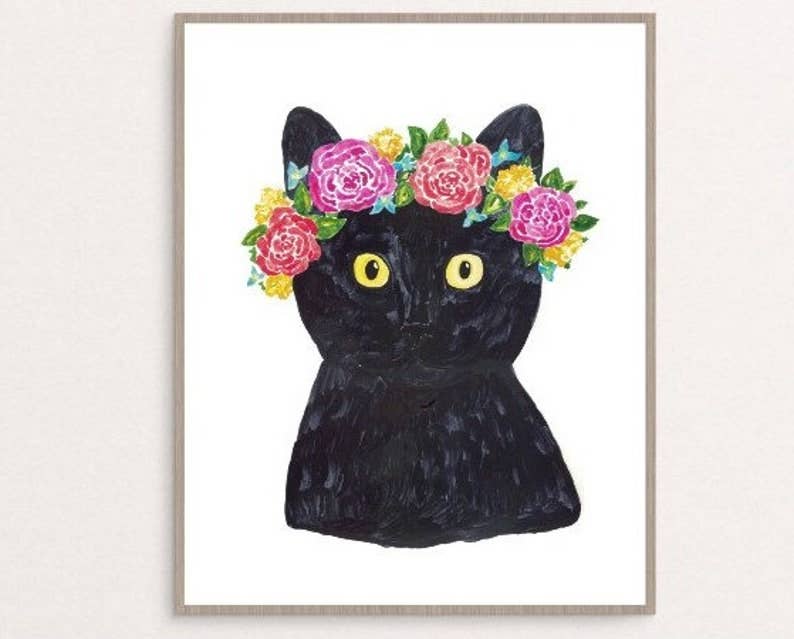 Goodfairyart – Impressão artística por atacado – Gato Preto Com Grinalda De Flores Espreitando Pintura Aquarela1