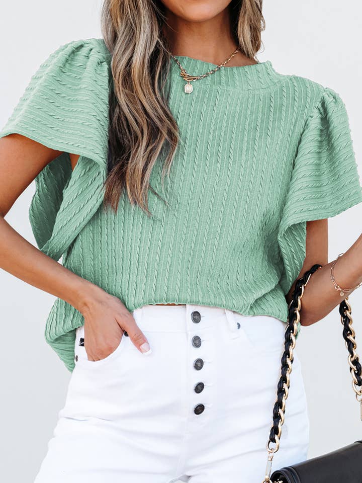 Solid Textured Ruffled Short Sleeve Top | S-XL for wholesale by Aapparella