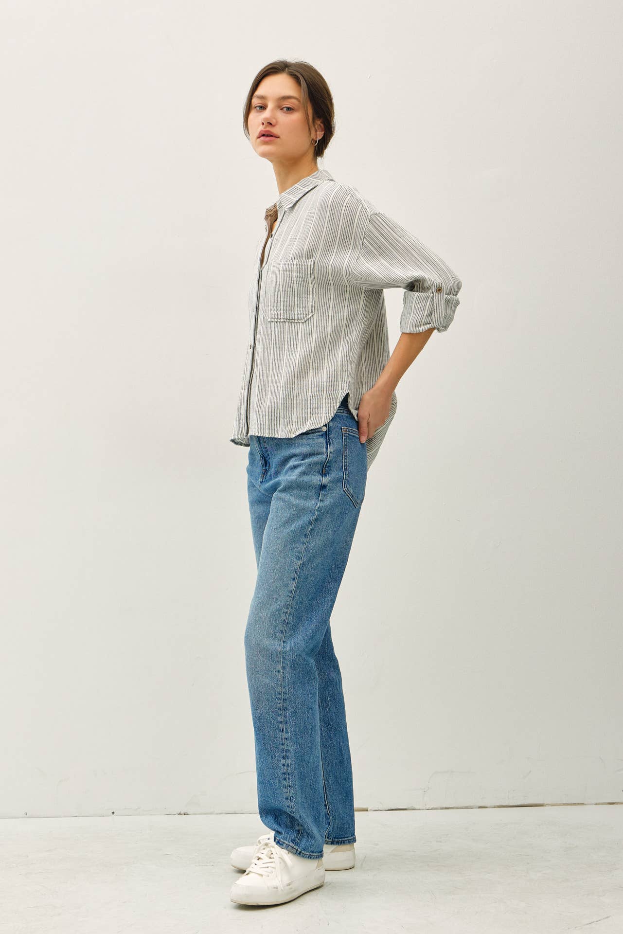 Be Cool - Wholesale Button Down Shirt - Women's - STRIPED, COTTON GAUZE BUTTON UP TOP2