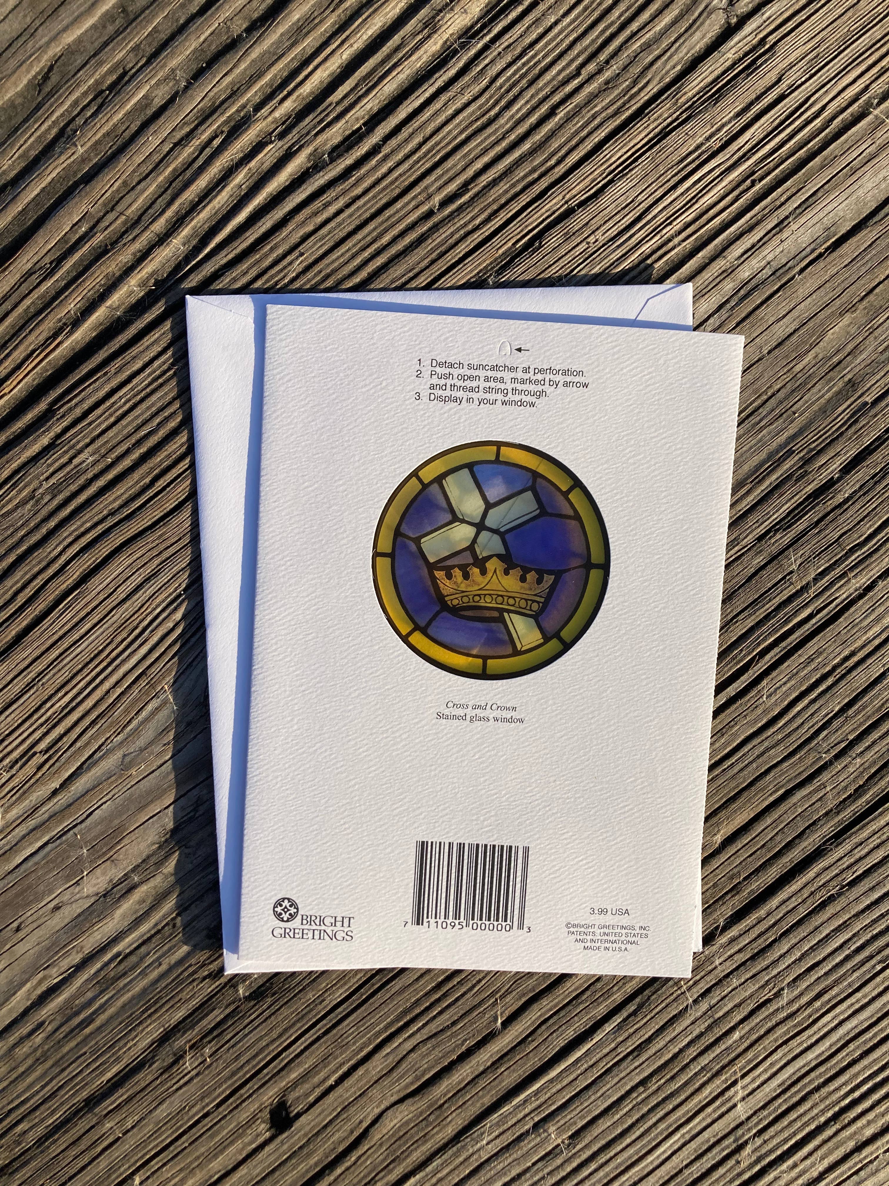 Bright Greetings - Wholesale Sympathy Card - Sympathy Cross and Crown suncatcher greeting card, scripture1