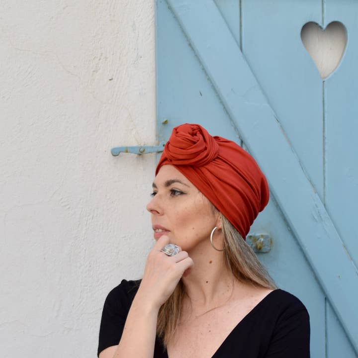 Rust orange turban hat for women, women's headwrap for wholesale by Petitama