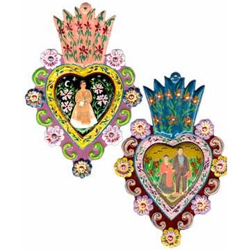 Sm. Frida Painted Milagro Heart, Peru for wholesale by Tesoros Trading Company