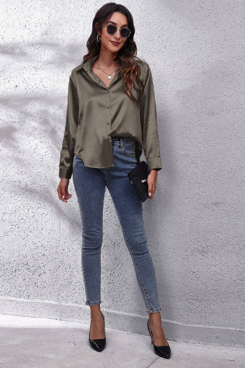 NINEXIS - Wholesale Button Down Shirt - Women's - CWTBLL0691_Button Down Silky Satin Long Sleeve Top41