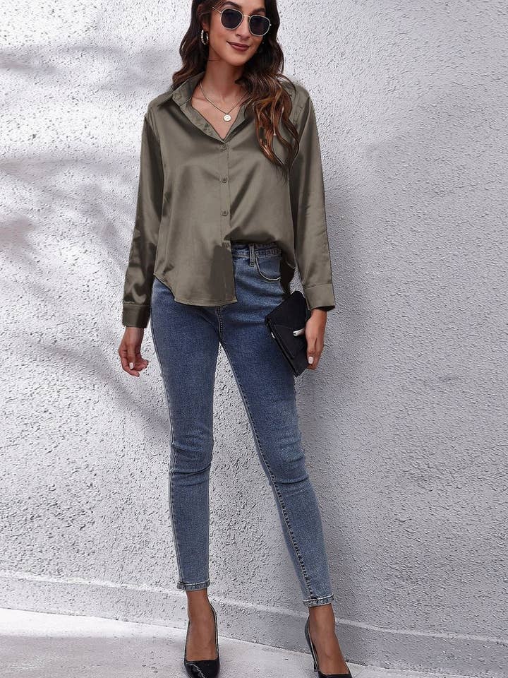 NINEXIS - Wholesale Button Down Shirt - Women's - CWTBLL0691_Button Down Silky Satin Long Sleeve Top41