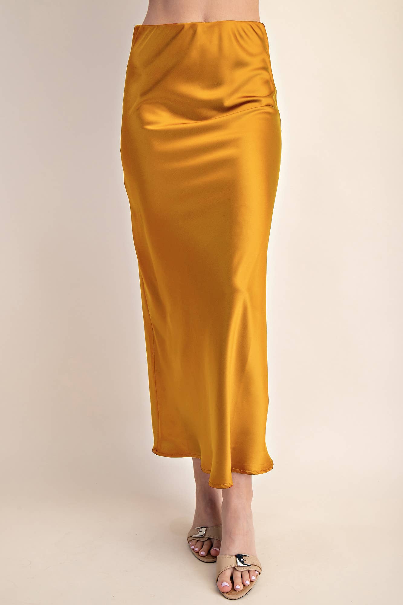 Glam - Wholesale Skirt - Women's - Waist Elastic Band Midi Satin Skirt5