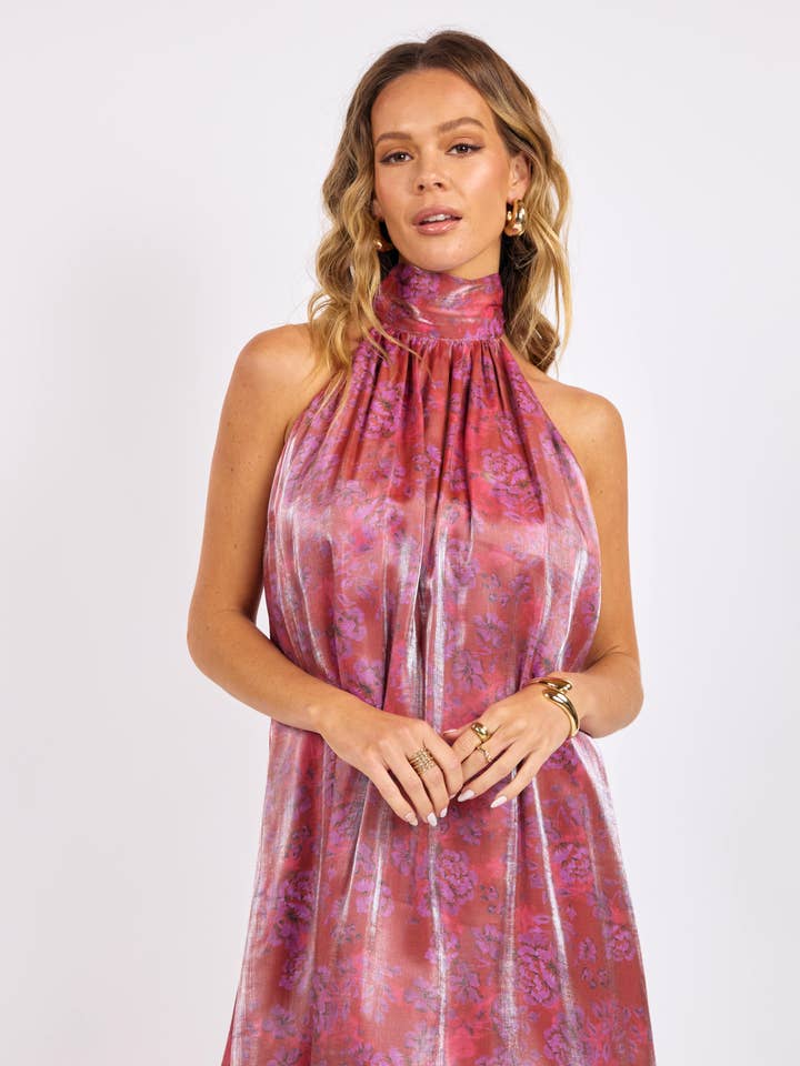 Floral Glow High Neck Mini Tent Dress : RED MULTI for wholesale by Sage The Label