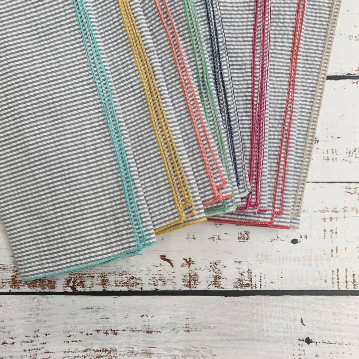 Dot and Army - Venta al por mayor Servilletas de tela - Servilletas de tela seersucker gris con bordes coloridos, juego de 84