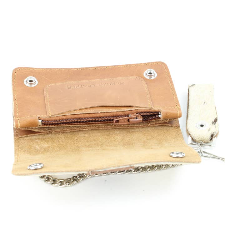 Leather Impressions Inc - Wholesale Wallet – Women's - Tan hair on hide tooled leather chain wallet #CW6HOH-TAN4