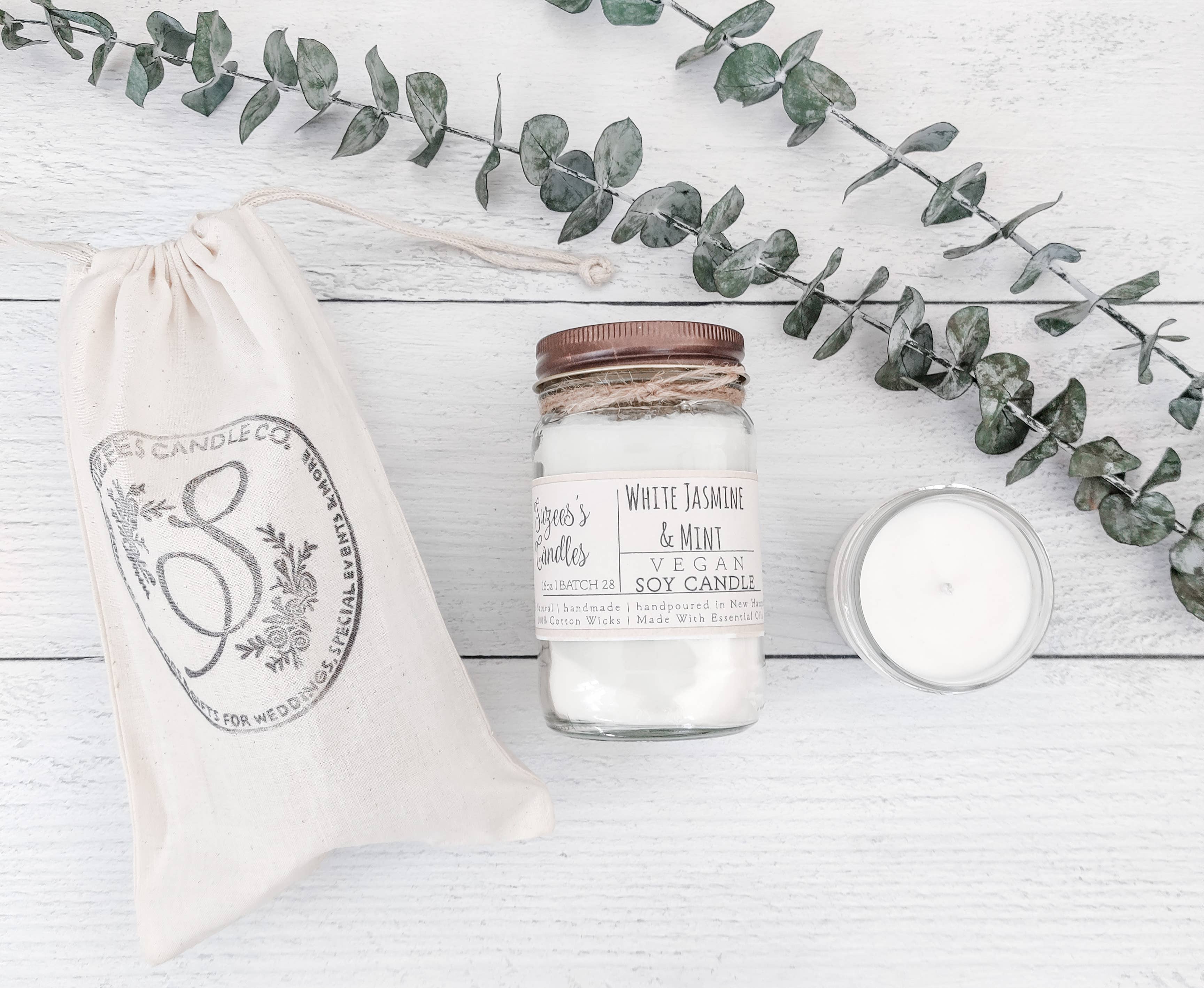 Suzee's Candles - Wholesale Jar/Filled Candle - 16oz White Jasmine & Mint Soy Candle, farmhouse Soy Candles3