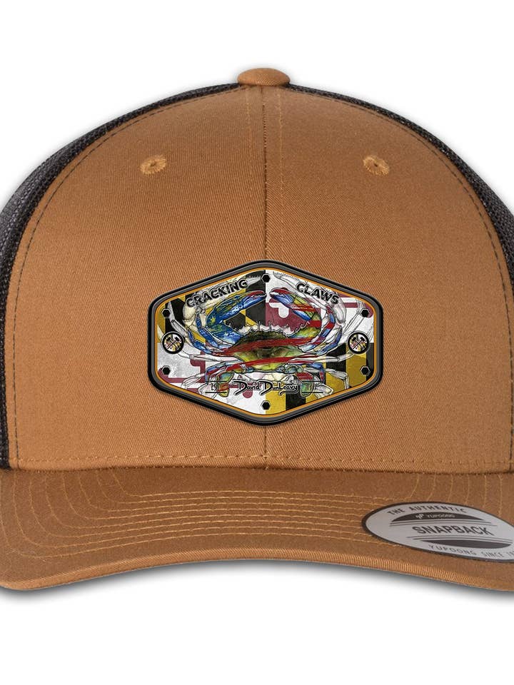 Maryland Ameri Blue Crab 6 Panel Trucker Snap Back Caramel Black Hat for wholesale by David Dunleavy