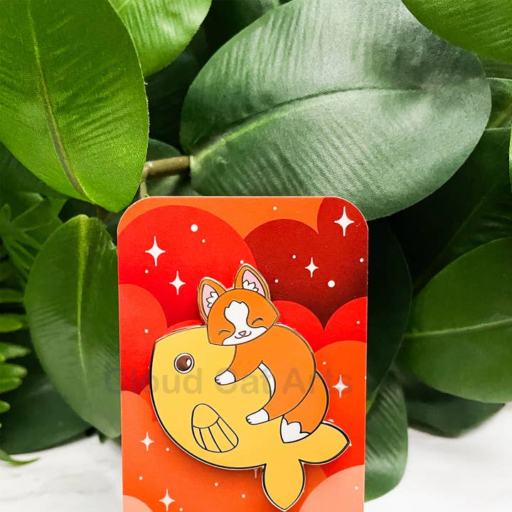 Goldfish Kitty - Orange Cat - Hard Enamel Pin for wholesale by Cloud Cat Arts