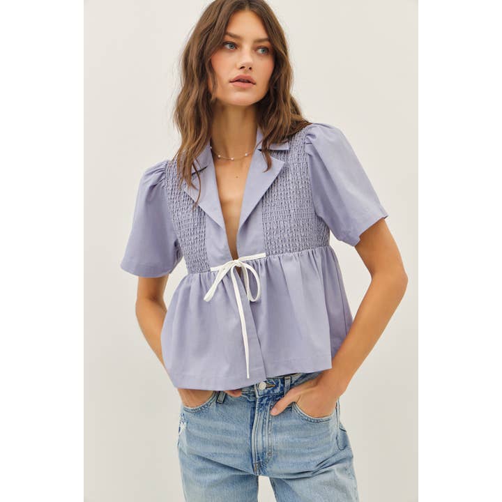 SMOCKED LINEN BABYDOLL OPEN-FRONT BLOUSE WITH RIBBON for wholesale by idem ditto