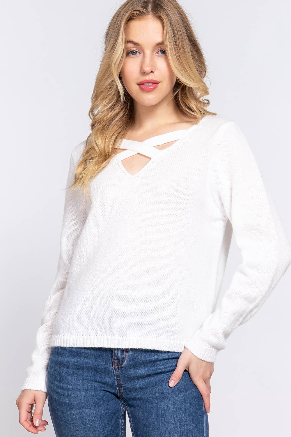 Active Basic | Active USA - Wholesale Knit Sweater - Women's - Long Sleeve V-neck With X Strap Sweater17