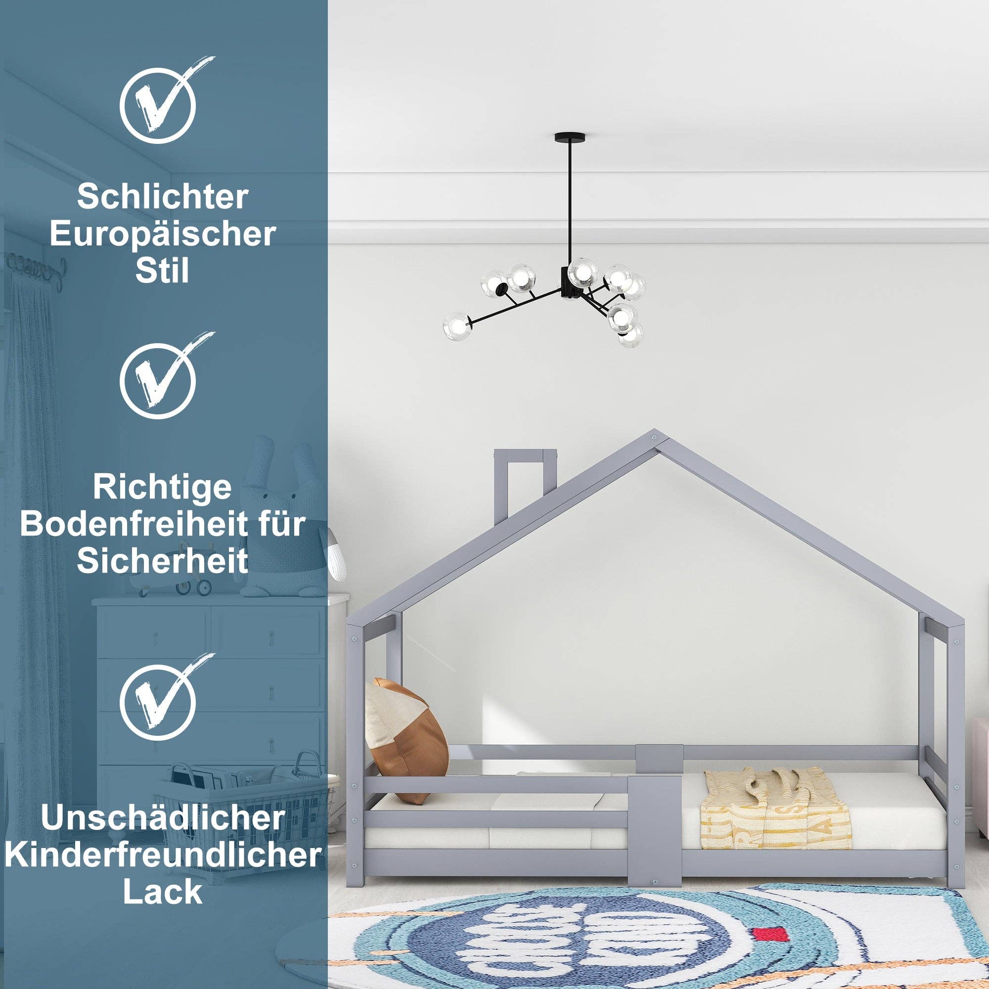 Urban Meuble - Vente Lit – enfant et bébé - Lit enfant lit cabane avec cheminée sommier à lattes robuste lit cabane en bois de pin gris, 90 x 200 cm sans matelas STRONS8