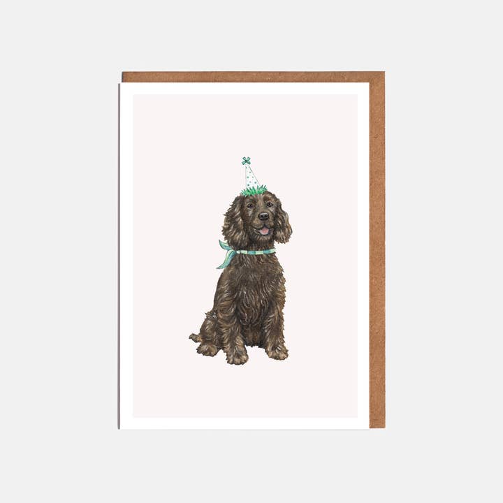 Lottie Murphy - Wholesale Birthday Card - Cocker Spaniel & Party Hat Dog Card - Blank or Birthday