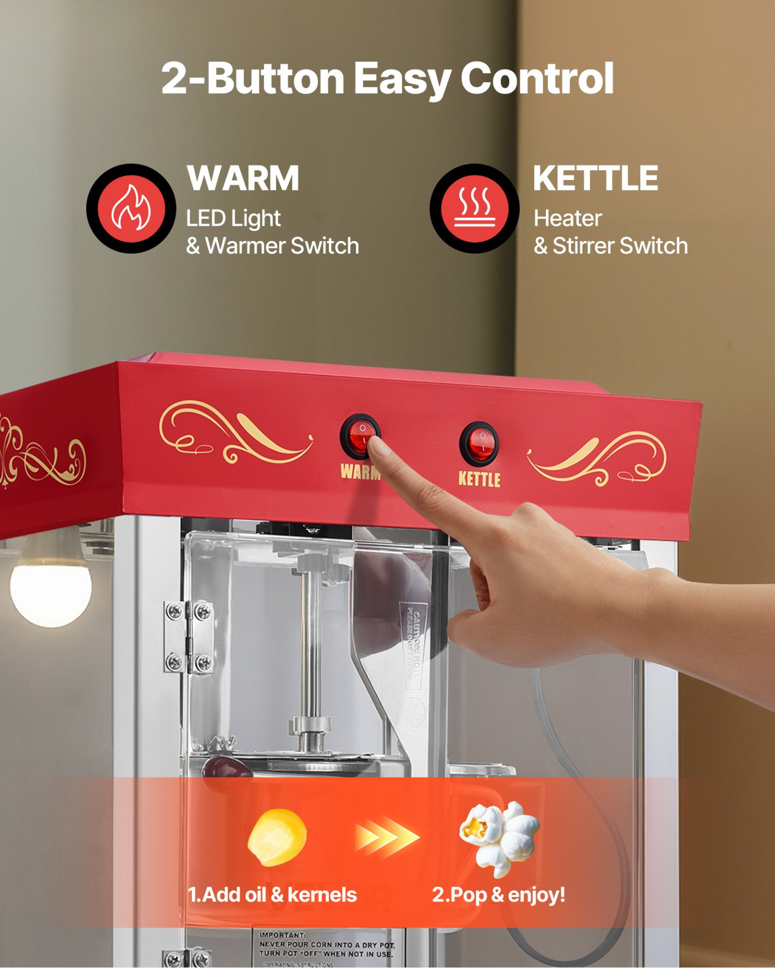 VEVOR Popcorn Machine with Cart, 8oz Stainless Steel Kettle, 800W Commercial Popcorn Maker, 48 Cups per Batch Theater Style Popper, with 2-Button Control Glass Wall PC Door 1 Scoop 3 Spoons, Red for wholesale on Faire4