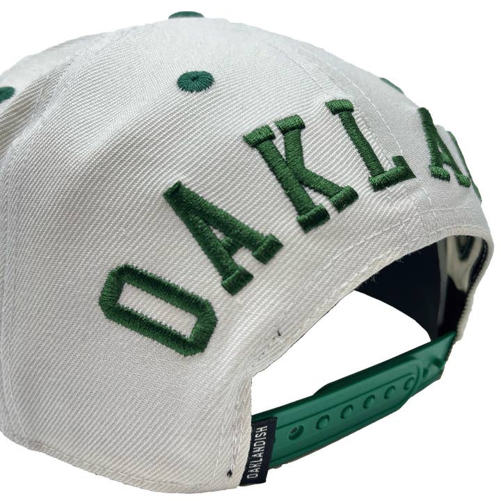 White Green Oakland Aft Snapback for wholesale on Faire
