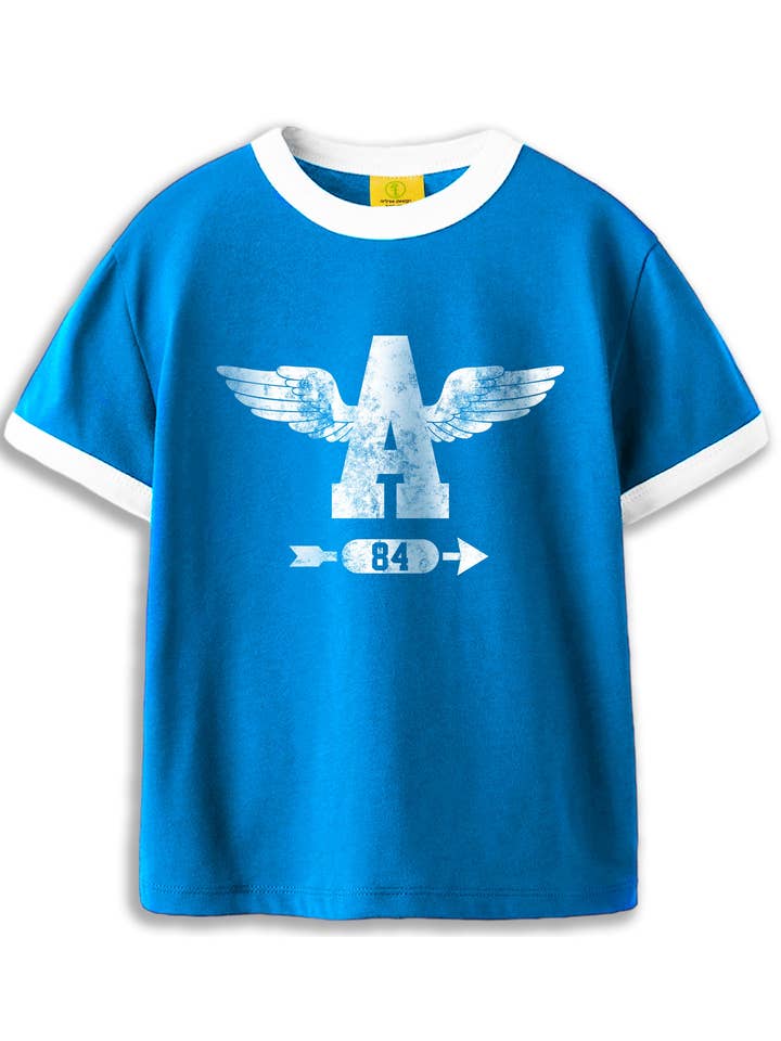 T-shirt oversize vintage unisexe – motif ailes – style ringer rétro – bleu/blanc pour la vente par Artree