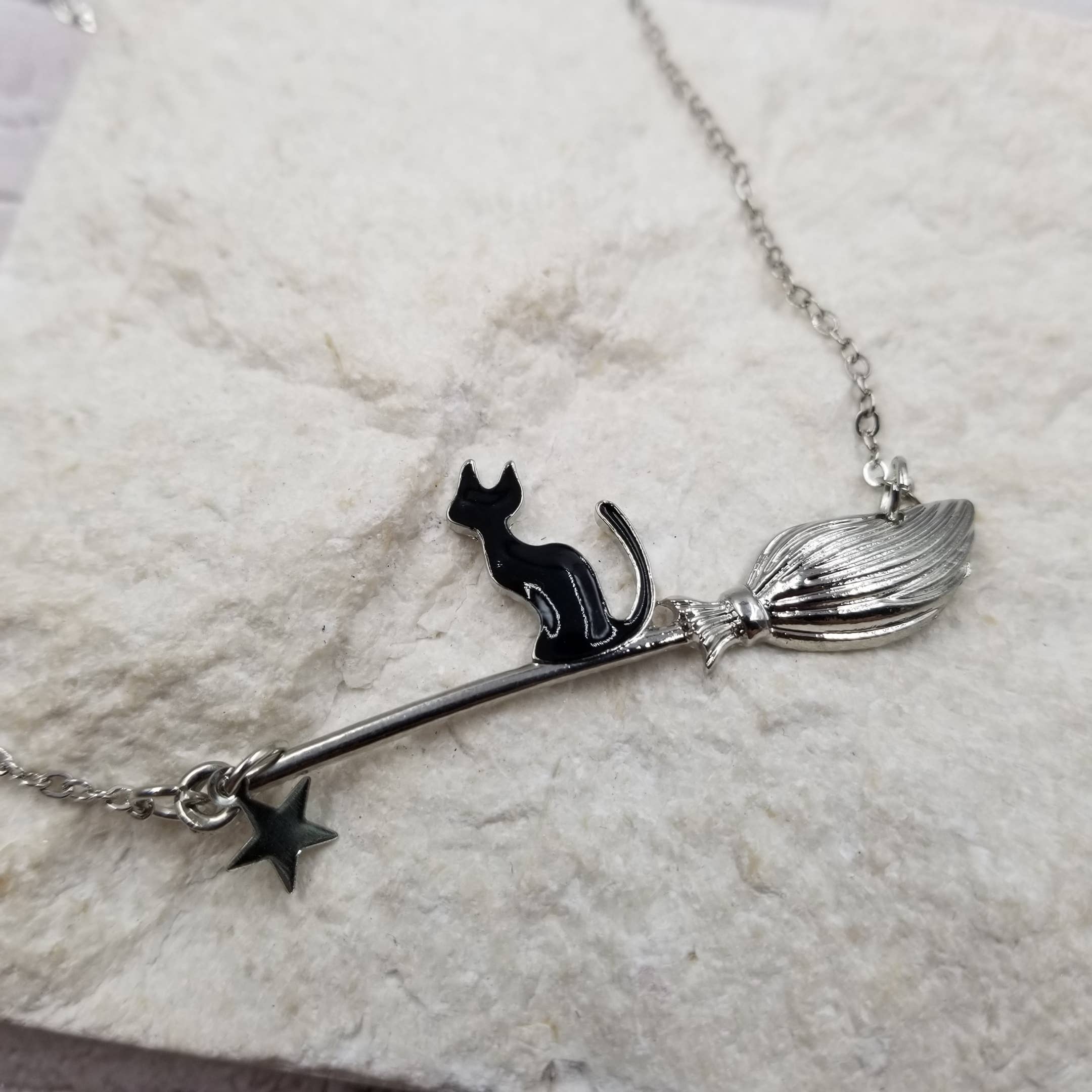 Treasure Wholesale - Wholesale Pendant/Charm Necklace - Magic Broom Black Cat Necklace1
