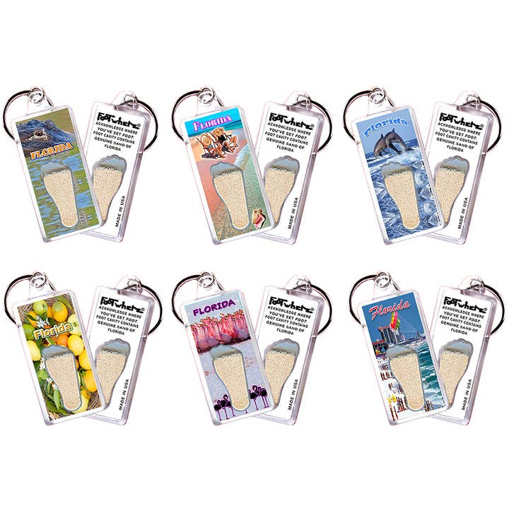 Florida FootWhere® Souvenir Keychains. 6 assorted styles. for wholesale by FootWhere- USA Group, Inc.