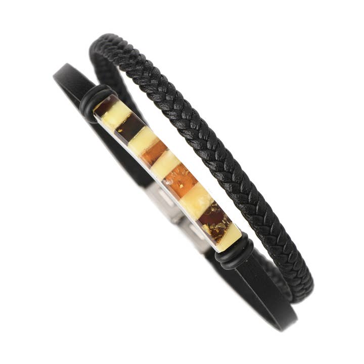 Double Leather Strap & Mosaic Amber Bracelet for wholesale by The Natural Amber
