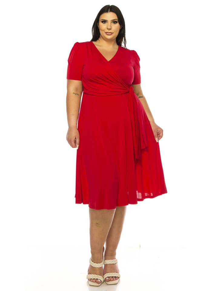 MOA COLLECTION - Wholesale Dress - Women's - Women's Plus Solid Faux Wrap Dress with Deep V-Neck