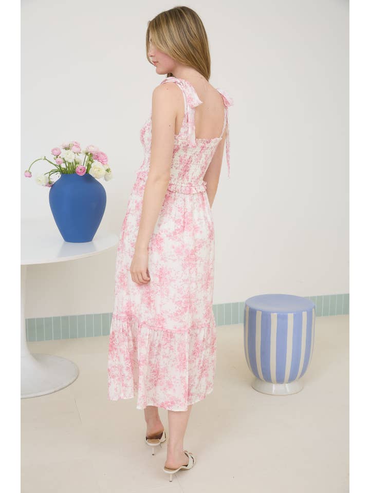 MINE - Wholesale Dress - Women's - FLORAL SMOCKED SWEETHEART RUFFLE TRIM MIDI DRESS