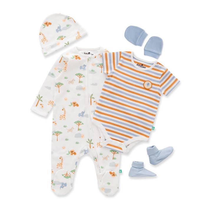 Organic Safari Baby Essentials Set – 5-Piece (Sleeper, Bodysuit, Hat, Mittens & Booties) for wholesale by Juscubs (KaiterFly)