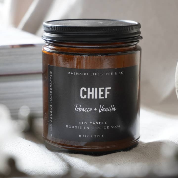 Mashkiki Lifestyle & Co. - Wholesale Jar/Filled Candle - Chief - 8oz. | Tobacco + Vanilla - Amber Glass Soy Candle0