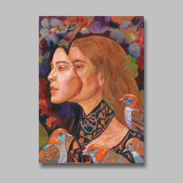 Impressão artística DIN A5, mulher, pássaros, postal por atacado de Atelier No.1