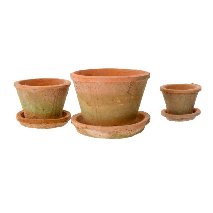 Pot à cactus en argile vieillie avec soucoupe S/3, pierre rouge antique pour la vente par Indaba Trading
