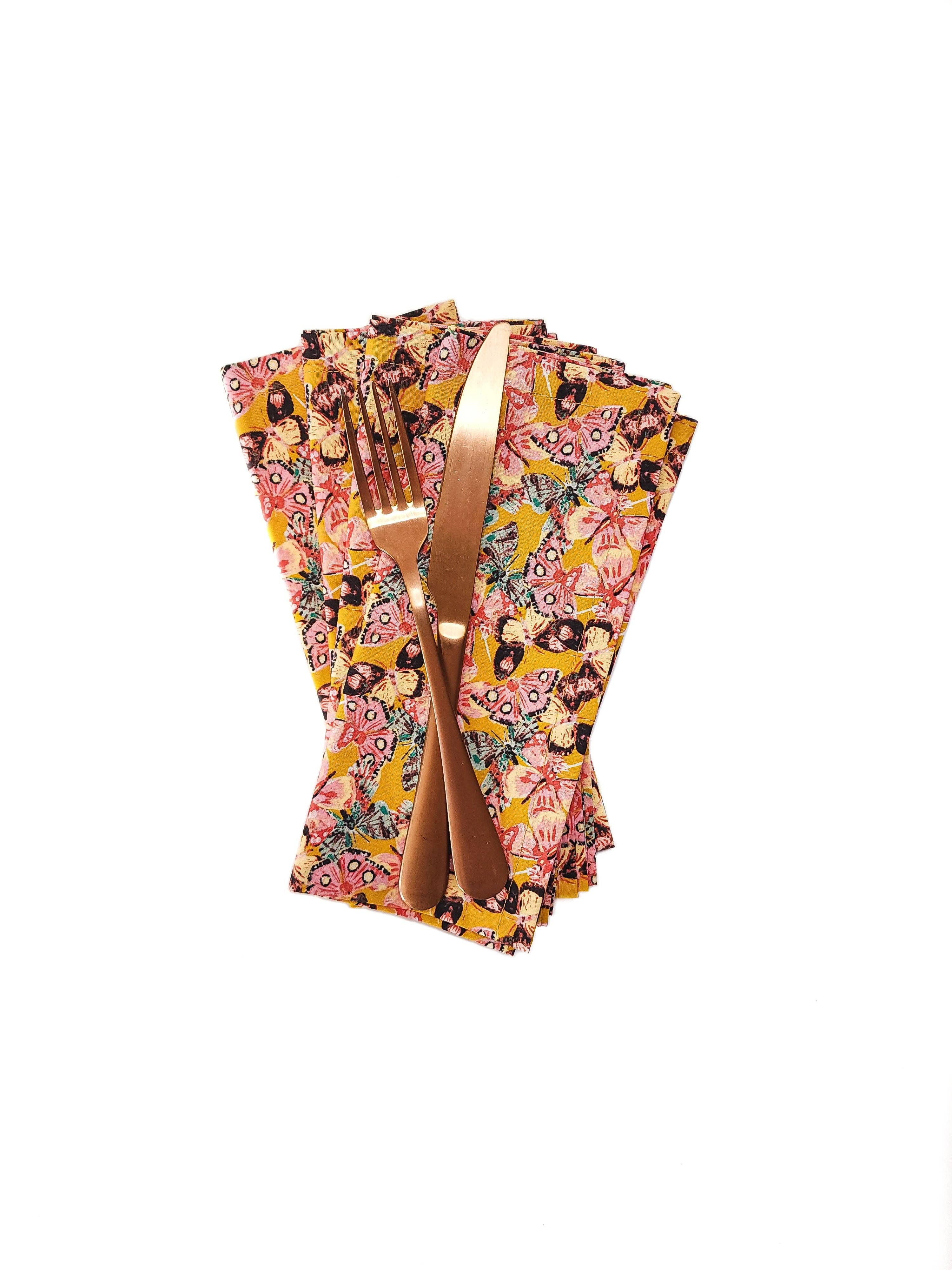 90 West Linen Co. - Wholesale Dinner & Cloth Napkin - Golden Butterfly Cloth Napkins, Set of 4