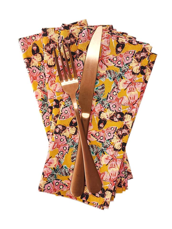 Golden Butterfly Cloth Napkins, Set of 4 for wholesale by 90 West Linen Co.