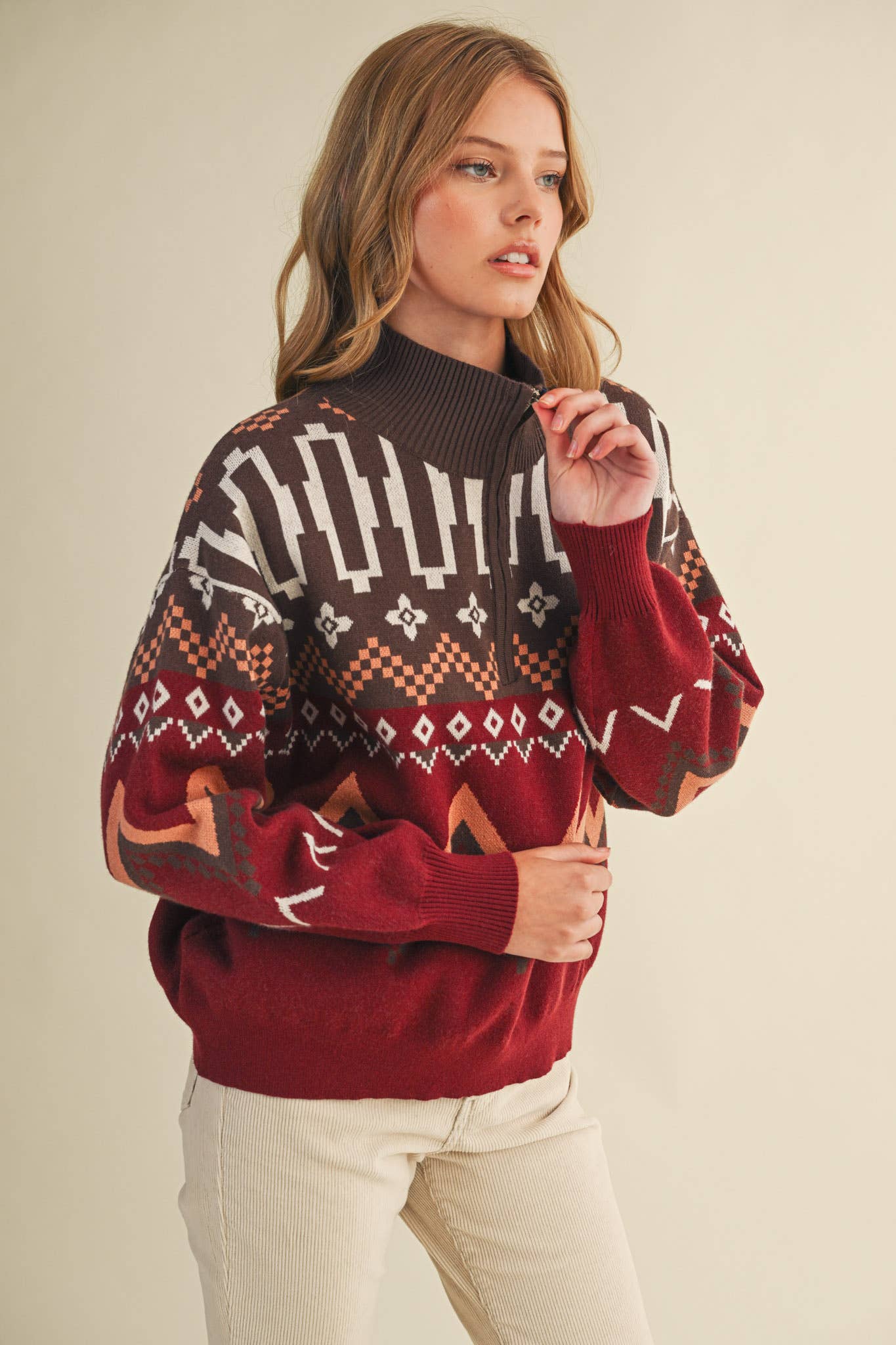 Burgundy Multi GEOMETRIC KNIT MOCK NECK HALF ZIP PULLOVER SWEATER MSW10885 for wholesale on Faire4