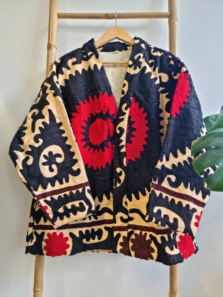 Suzani Hand Embroidered Short Jacket | Autumn Winter Boho Uzbek Kashmir Crewel | Christmas Special Gift | Classic Elegant Beige Black Red | for wholesale by Essential Designs London