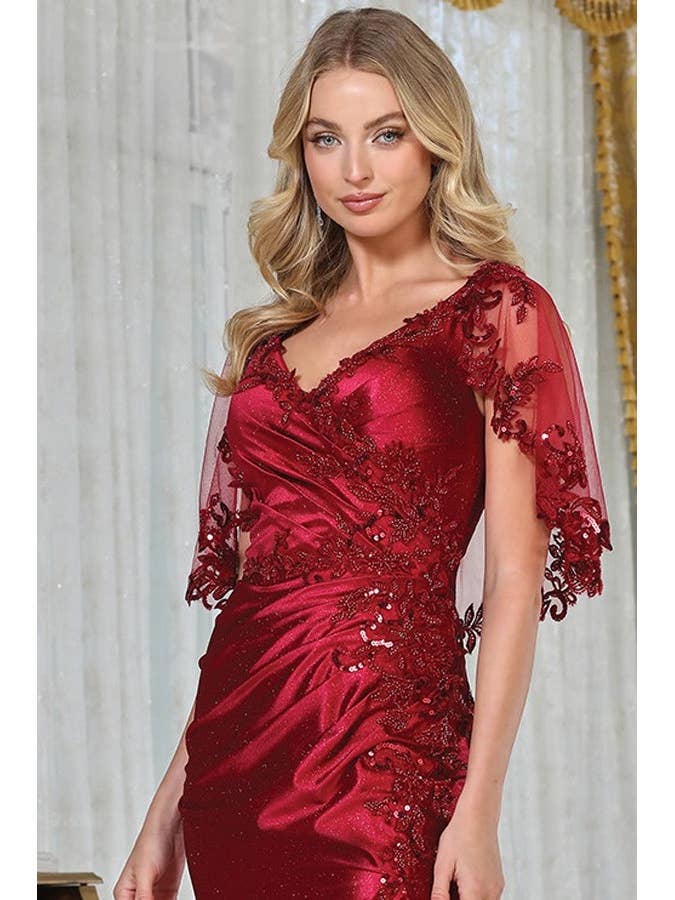 Sheer Cape Sleeve V Neckline Sheath MoB Dress for wholesale by Babyfox Apparel