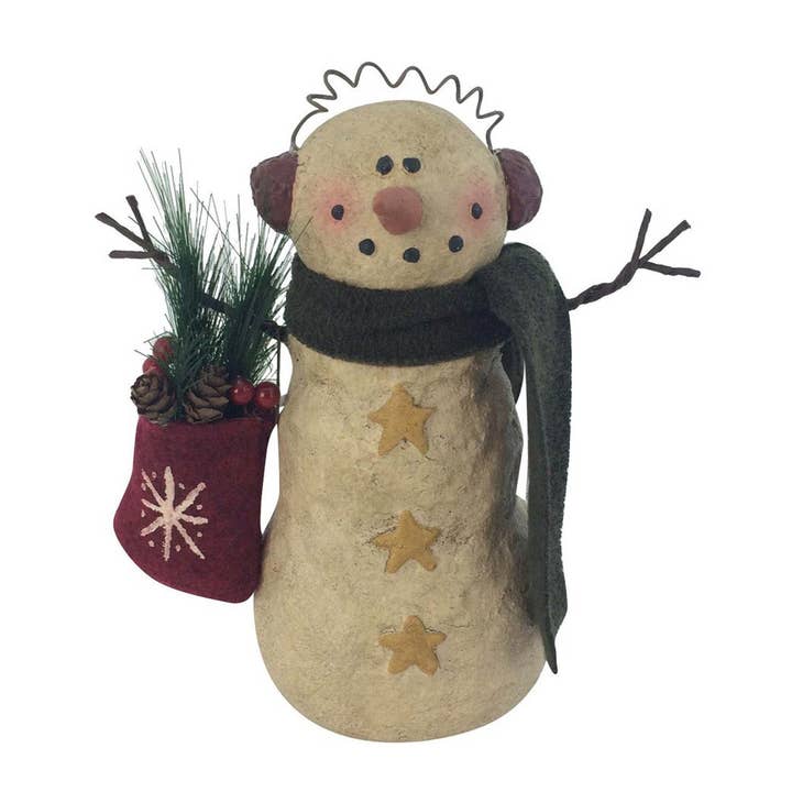 Paper Mache Half-Body Snowman with Fabric Scarf, Ear-Muffs, Twig Arms and Christmas Bag with Stuffing, Standing - 6.5" Tall for wholesale by Birch Maison