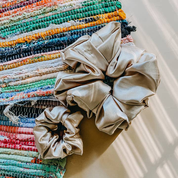 ALEXIS | Champagne Satin Scrunchie for wholesale by 6Heart Collective, LLC