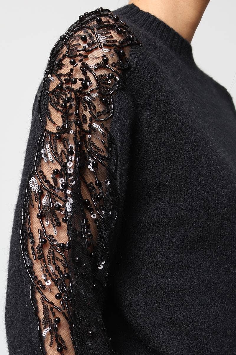 DIX-ONZE - Wholesale Knit Sweater - Women's - Soft Knit Sweater – Sequin & Pearl Details on Sleeves3