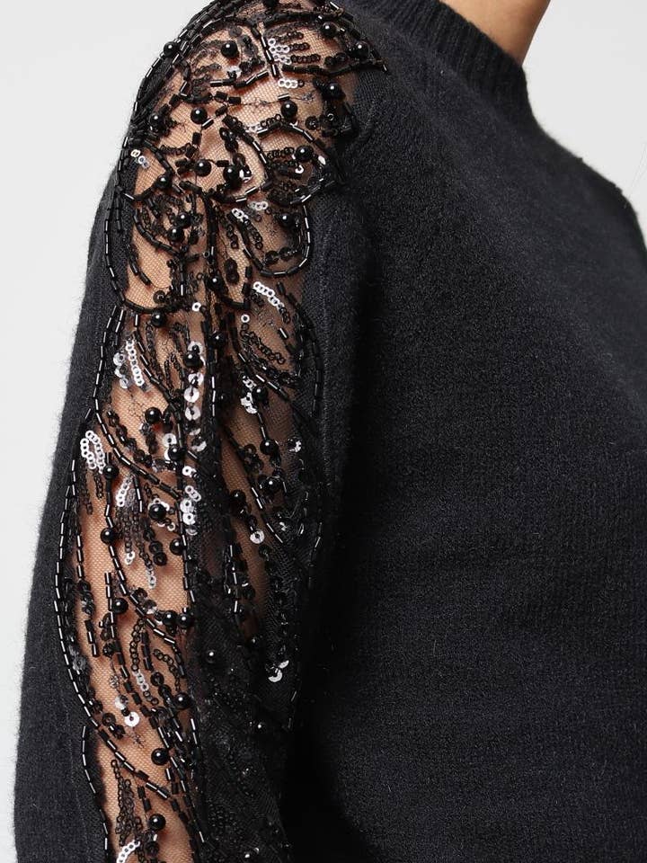 DIX-ONZE - Wholesale Knit Sweater - Women's - Soft Knit Sweater – Sequin & Pearl Details on Sleeves3