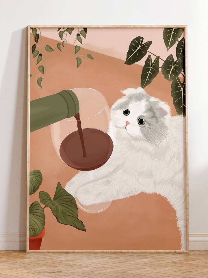Cat & Wine Art Print for wholesale by Illustrations Its Funny Howww Inc