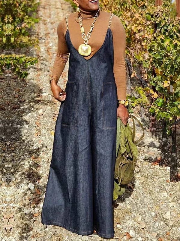 DYB BLÅ Løse Ærmeløse Overalls med Spaghettistropper og Lommesplit for engroshandel på Faire1