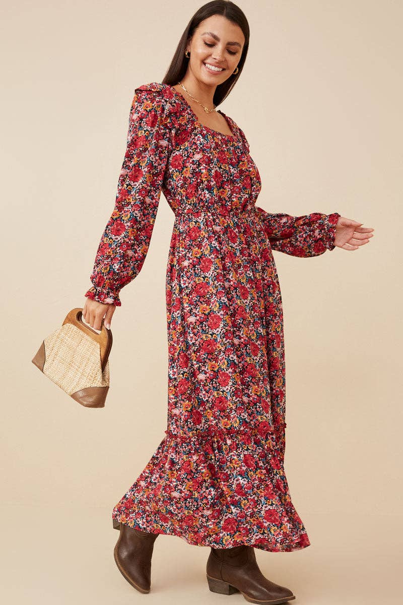 Cherry Womens Floral Print Ruffled Square Neck Midi Dress for wholesale on Faire5