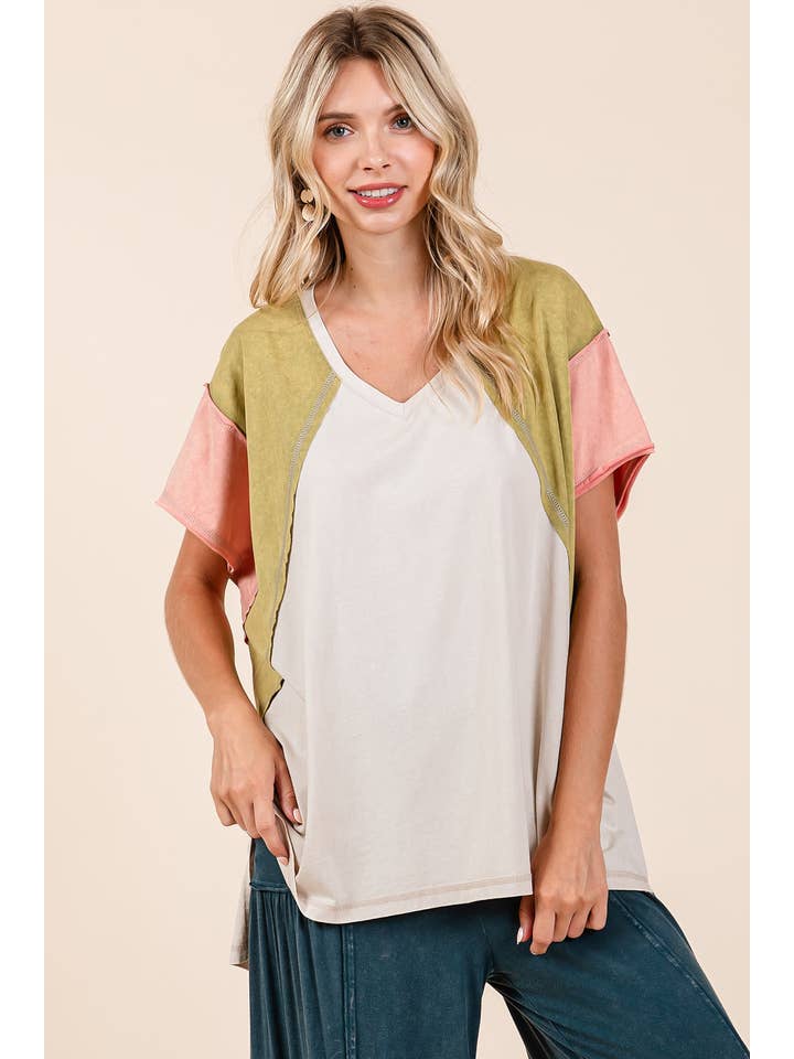 mittoshop - Wholesale Tunic - Women's - OVERSIZED COLOR BLOCK SHORT SLEEVE KNIT TOP