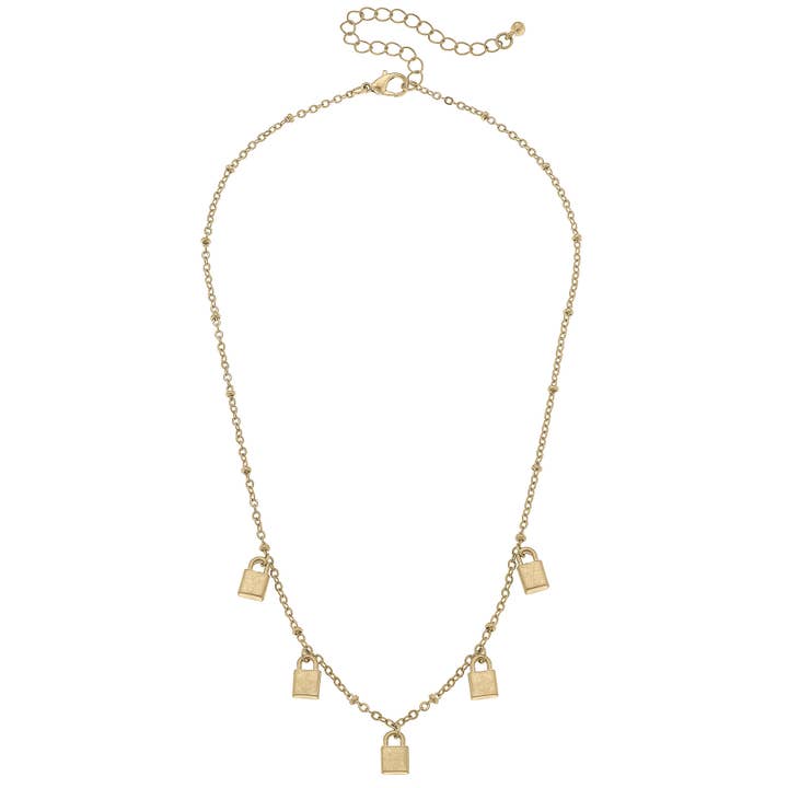 Mason Padlock Charm Station Halskette aus abgenutztem Gold für den Großhandel von Canvas Style