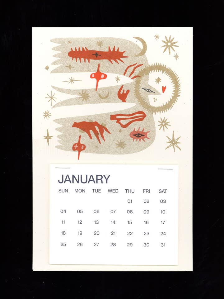 Calendrier à déchirer Risograph Vintage Or & Rouge Oiseau 2026 pour la vente par Back of Beyond Press